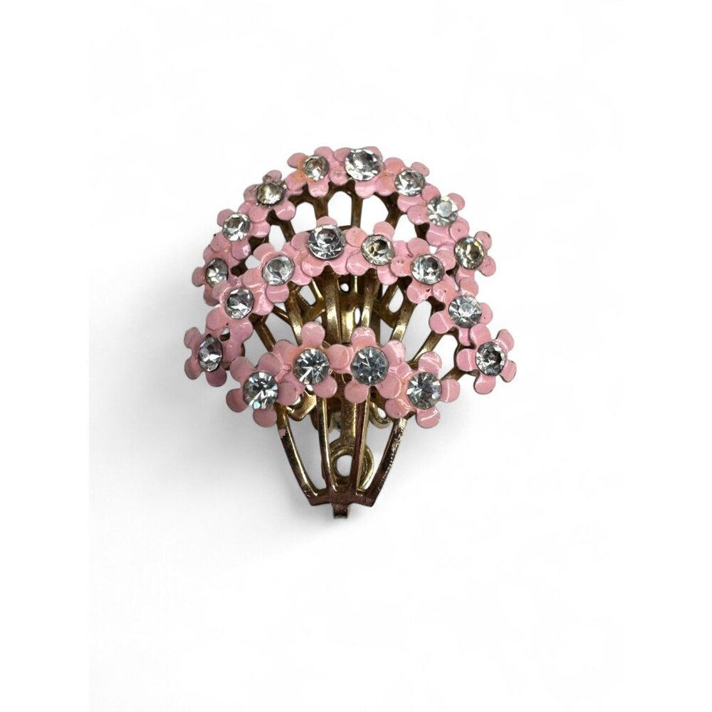 Vintage Pink Enamel Clear Rhinestone Floral Brooch Clip On Earrings Set - Picture 8 of 11